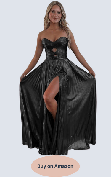 Loyeloy Sparkly Metallic Prom Dresses with Slit A Line Keyhole Satin Black