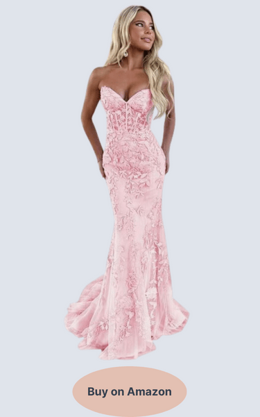 Tulle Lace Appliques Prom Dress Long Mermaid Ball Gown - Baby Pink