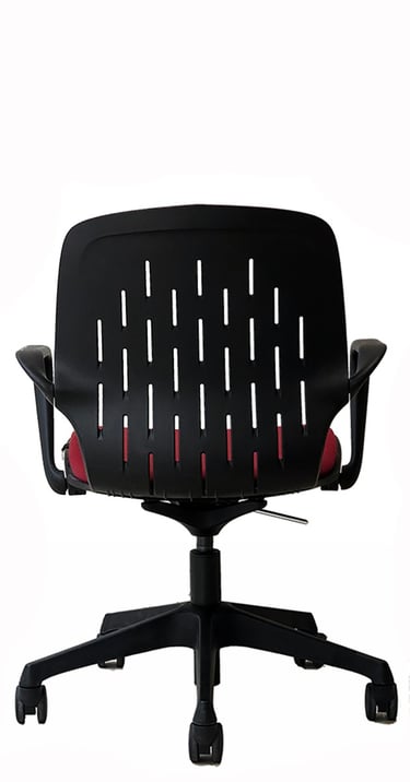 Conference swivel chair, uphlstered seat, flexible plastic back.