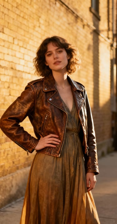 Ophelia Summers author photo featuring woman with wavy brown hair wearing vintage leather jacket and