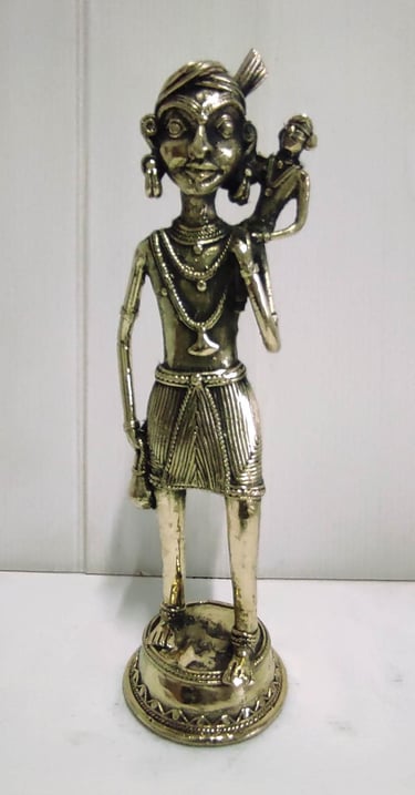 "Handcrafted brass tribal man carrying child on shoulder–front view-Sent overseas"