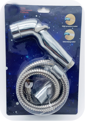 Chrome handheld bidet sprayer kit with flexible stainless steel hose in retail packaging.