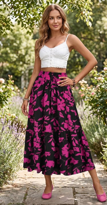 Falda maxi escalonada · Estampado floral fucsia · Cintura elástica · Estilo boho