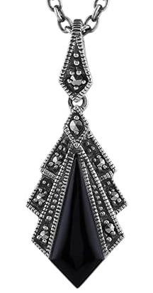 Inspired by Art Deco : Black Onyx and Marcasite Kite Shaped Pendant with 45cm Necklace