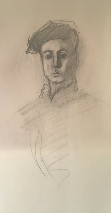 Hand-drawn pencil sketch portrait of a man wearing a flat cap on paper