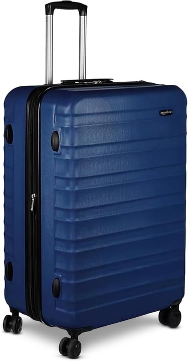 Amazon Basics blue hardside spinner luggage with telescopic handle and 4 wheels.