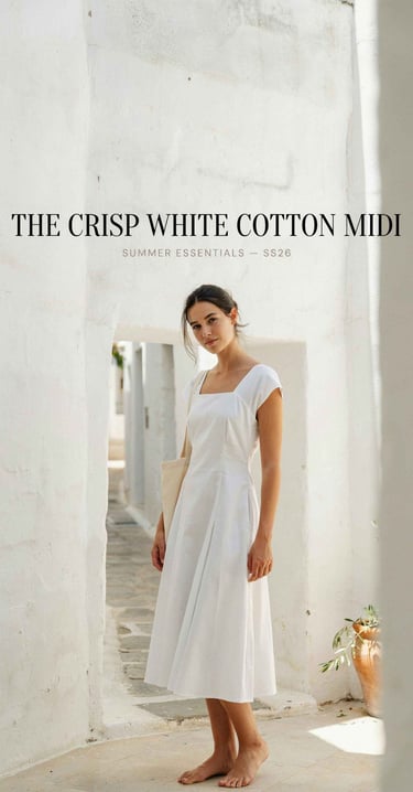 A woman wearing a crisp white cotton midi dress from the Summer Essentials collection.