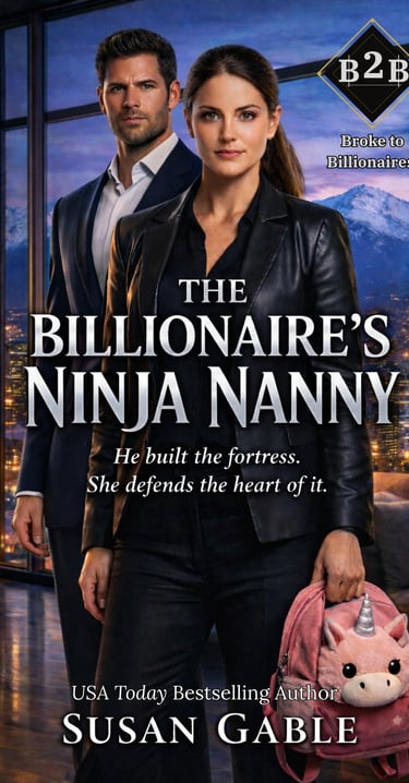 Romance book cover for The Billionaire's Ninja Nanny by Susan Gable featuring a man and woman in a high-rise city view.