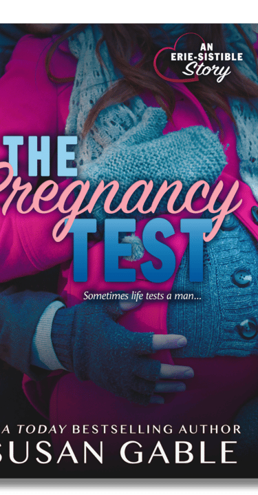 Pregnancy Test cover - pregnant woman in pink winter coat, man cradling her baby bump with hands 