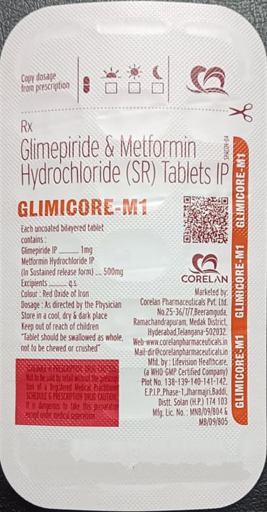 Glimicore-M1 blister pack containing Glimepiride and Metformin Hydrochloride SR tablets for diabetes.