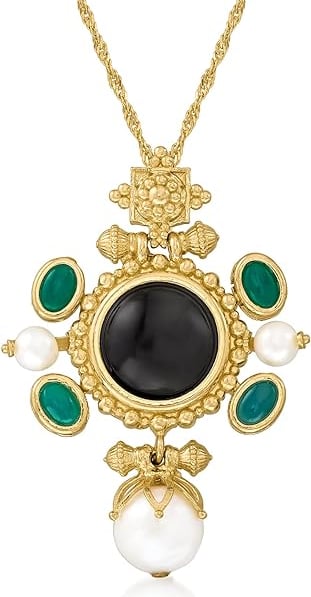 Italian Cultured Pearl, Black Onyx and Green Agate Pendant Necklace in 18kt Gold Over Sterling Silver