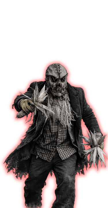 Scarecrow character at Backwoods Haunt haunted attraction in Barco NC