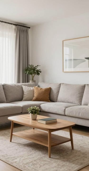 Salón moderno y luminoso con sofá esquinero gris, mesa de centro de madera y decoración minimalista.