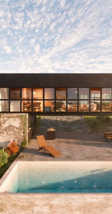 Vista exterior de pileta, galería, quincho y casa moderna. Casa integrada a la naturaleza. Arquitectura con sentido. 