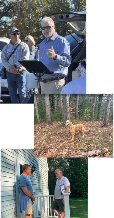 Tim Nangle speaking, Tim's dog, Ozzie, Tim chatting with Constituent