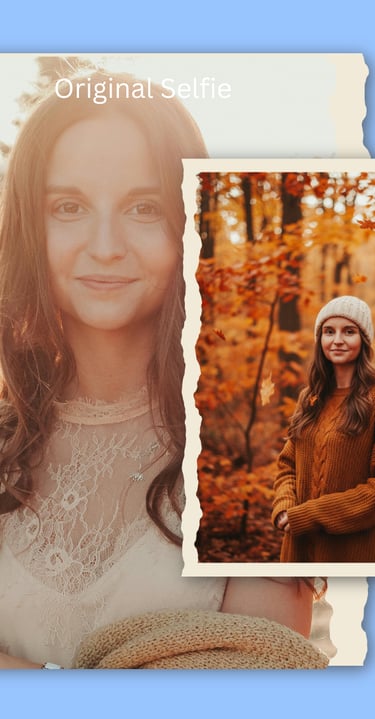 A woman posing for an autumn portrait in a sunny forest with golden fall foliage and cozy knitwear.