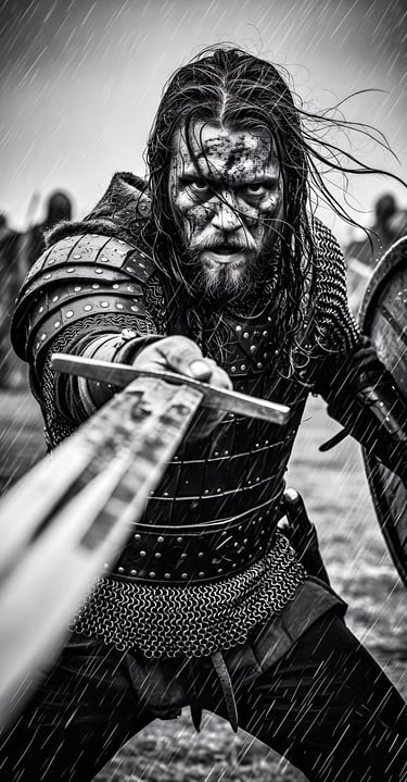 Viking warrior thrusts sword in battle