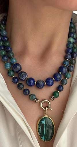 Black Dress Accessories: Azurite Necklace, Beaded Lapis Lazuli Jewelry for Women, Green and Blue Gemstone Necklace