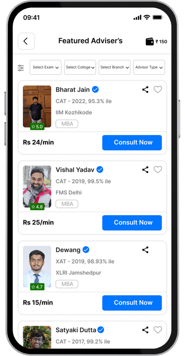 A mobile app interface displaying a list of featured MBA advisors on e-Salahkaar. The screen shows v