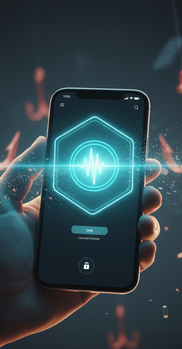 A biometric shield forms over a phone screen while phishing hooks fade away, representing phishing r