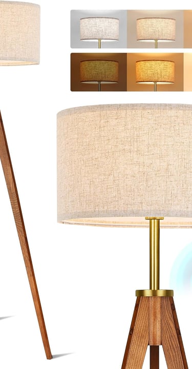 Modern wooden tripod floor lamp with linen drum shade and remote control dimming settings.