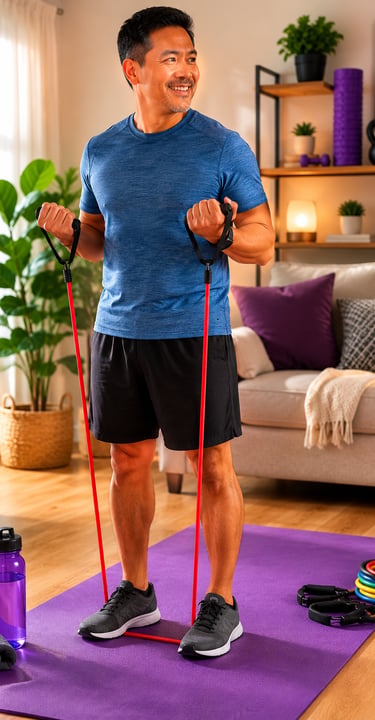Man using resistance bands for a beginner home workout with multiple resistance bands, a water bottl