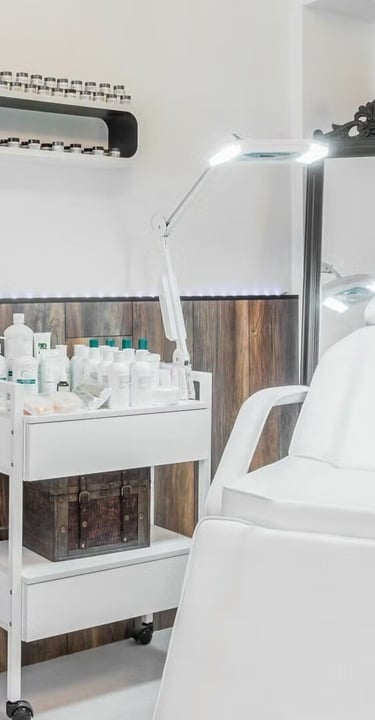 a salon salon chair with a hair dryer and a hair dryer