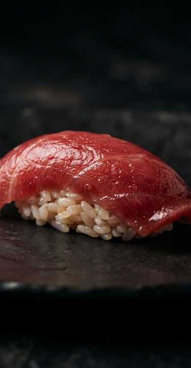 Macro shot of a single nigiri, perfect slice of deep red tuna, dark stone background, high contrast, studio light, rich texture, minimalist plating, vertical crop.