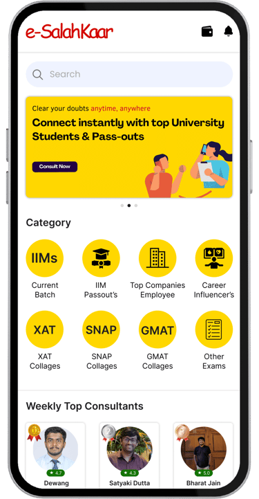 “A mobile app interface of e-Salahkaar displaying a homepage with a search bar, banner promoting ins