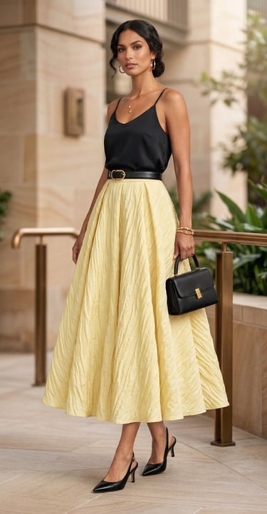 Falda midi amarilla · Tablas encontradas · Tela texturizada · Cintura alta