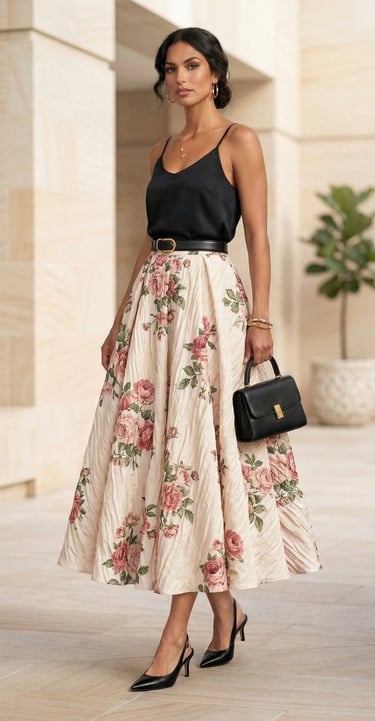 Falda midi de tablas · Estampado de rosas · Cintura alta · Estilo vintage años 50