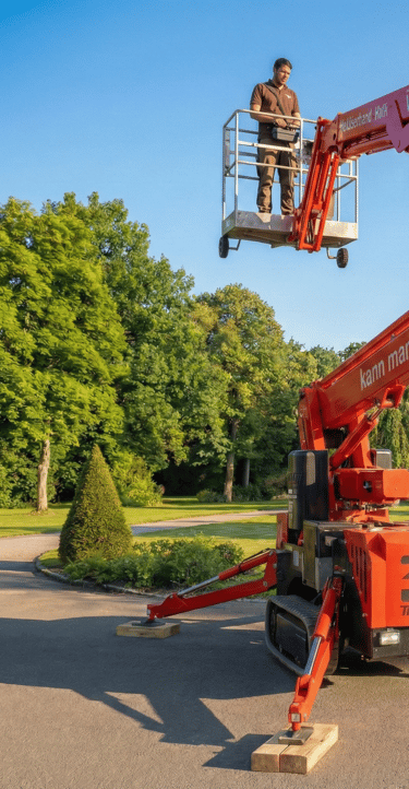 Schreinermeister Ferdinand Volk im angehobenen Korb einer roten Raupen-Arbeitsbühne in einer sonnigen Parkanlage.