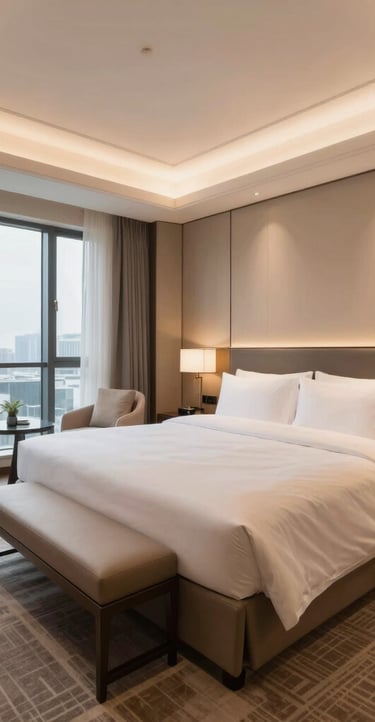A small desk and chair by the window in a standard hotel room.