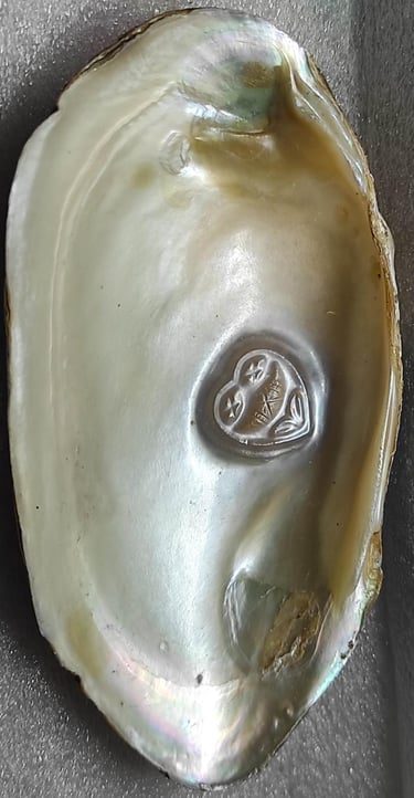 "Approx 11mm white cultured pearl with heart engraving–handcrafted using nucleus-for global buyers"
