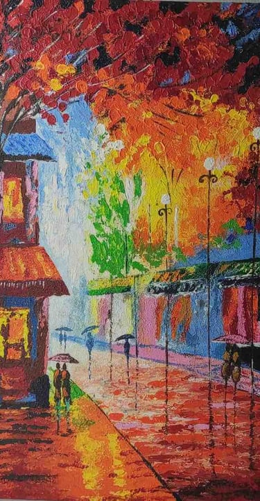 "Colorful handmade painting of a rainy street with autumn trees and reflections-Suitable for export"