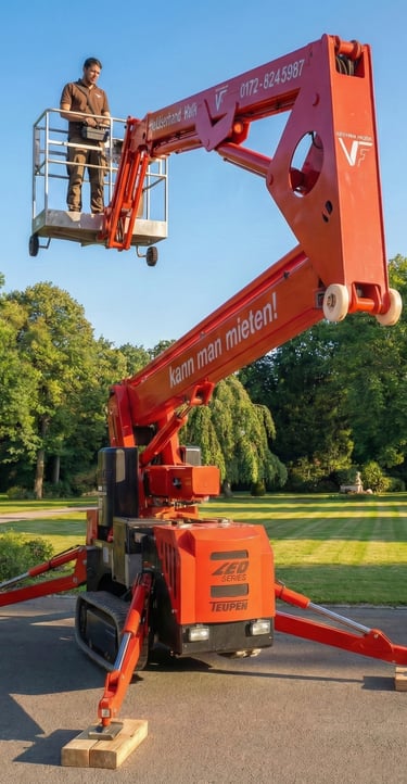 Schreinermeister Ferdinand Volk im angehobenen Korb einer roten Raupen-Arbeitsbühne in einer sonnigen Parkanlage.
