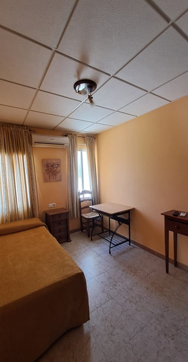 Alt: Habitación individual completamente equipada, climatizada, con nevera y baño privado.