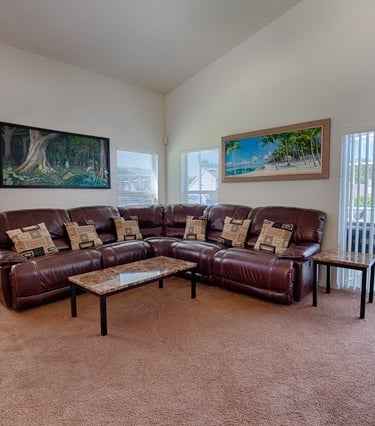 a living room with a leather couch and a table