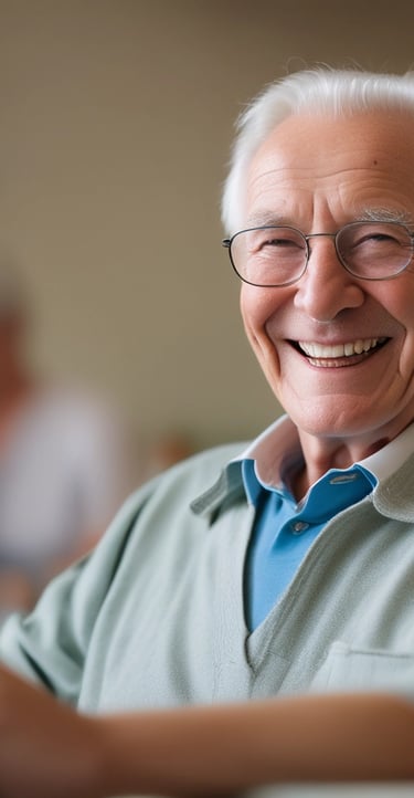 Friendly caregiver helping an elderly resident enjoy a craft activity in a bright room