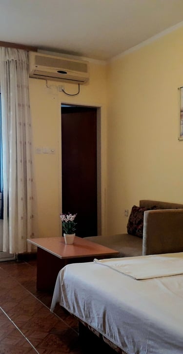 a bed room with a bed and a television