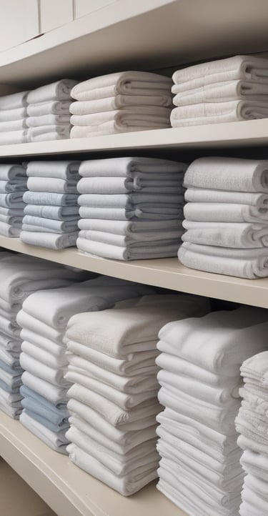 Laundry staff folding crisp white linens in a hotel laundry room.