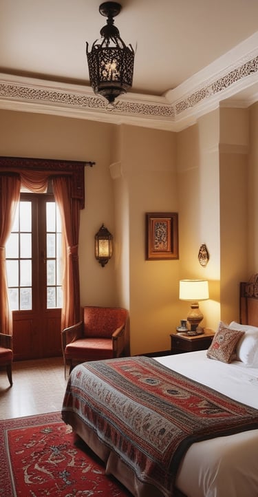 Bright hotel room with a double bed and city view in Agadir.