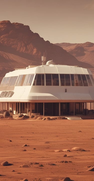 A multi-story building with a futuristic design, featuring blue and white patterns, various circular structures, and a dome at the top. The name 'Stars Hotel' is displayed prominently on the façade in both English and another language. A clear blue sky serves as the backdrop.