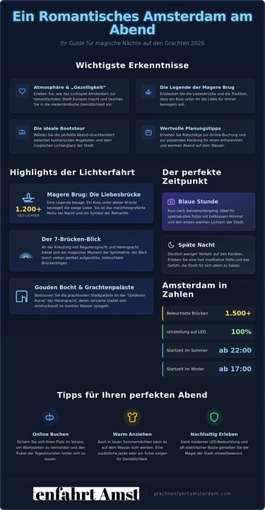 Infographic about romantic Amsterdam canal cruises at night featuring travel tips and highlights of the city lights.