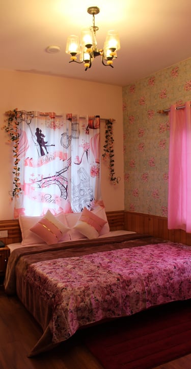 Paris themed bedroom with mountain view in Manali