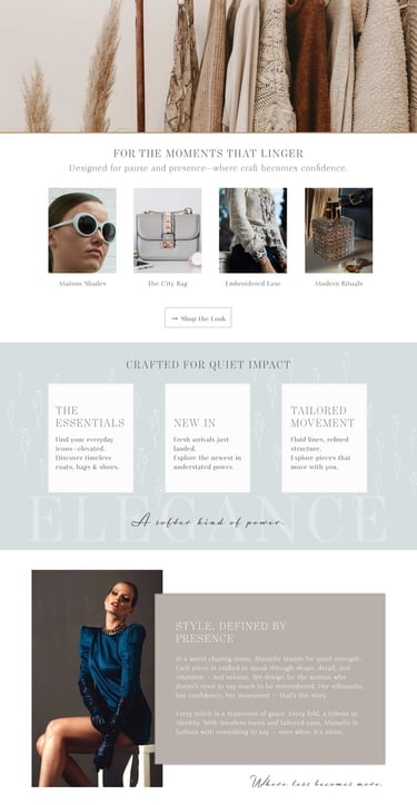 Maiselle fashion homepage design with a clean, editorial layout and luxury branding by UrBrand Studi