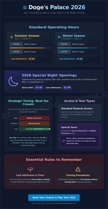 Infographic of Doge's Palace 2026 visitor hours, opening times, and strategic tips for beating the crowds.