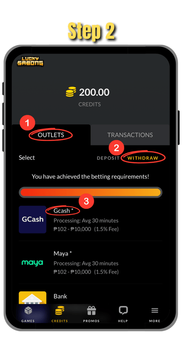 step 2 of how to cash out at phsabong