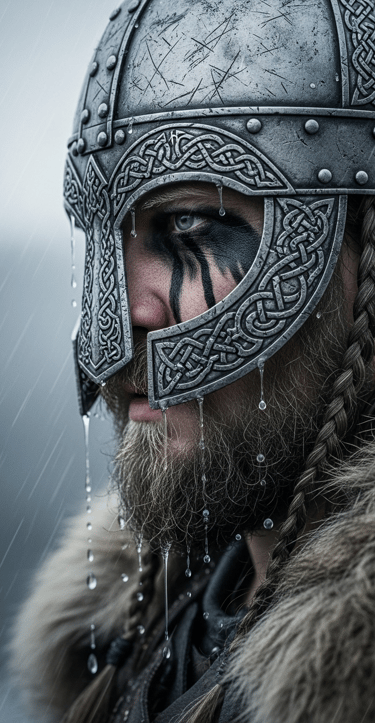 Close up of Viking warrior wearing helmet