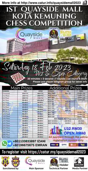Quayside Mall Kota Kemuning Chess Tournament. Chess Malaysia. Malaysia Chess 2023. 